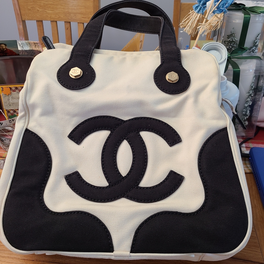 Chanel Black and White Designer Canvas Tote Bag